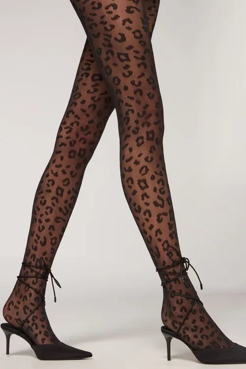 -70%OFF Meia-Calça Transparente Animal Print Fio 30 – Preto Calzedonia