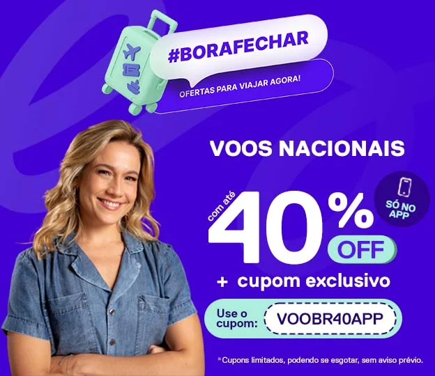 Ganhe até 40% OFF em voos nacionais comprando pelo nosso APP utilizando o cupom Ganhe até 40% OFF em voos nacionais comprando pelo nosso APP utilizando o cupom