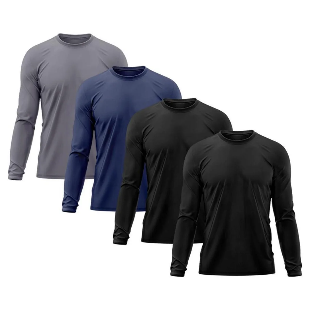 -50% Kit 4 Camiseta Masculina Segunda Pele Proteção Solar UV Térmica Praia Manga Longa Blusa Camisa – Cinza+Azul