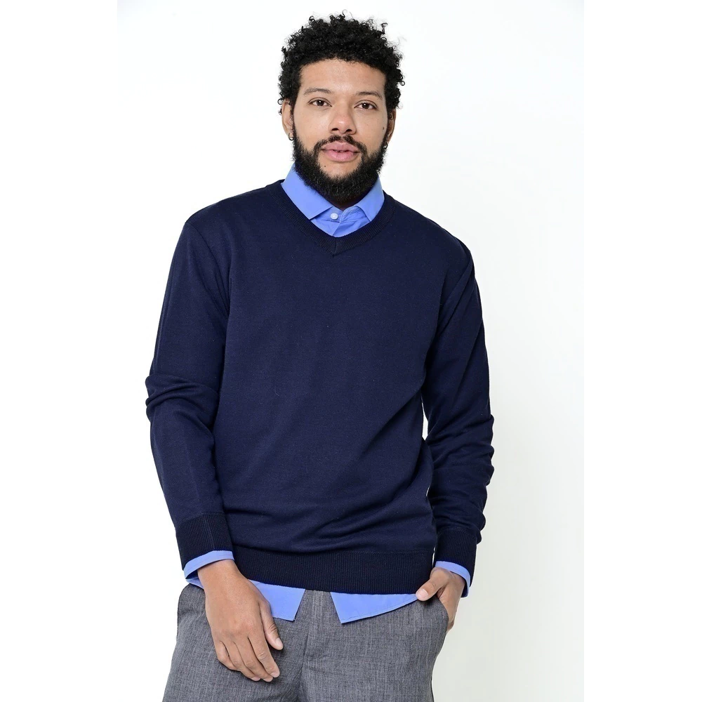-60%OFF Suéter Masculino com Gola V Azul Marinho