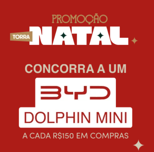A Promoção Natal da Lojas Torra vai sortear um carro 0km! A cada 150 reais de compras na Torra, você ganha um número da sorte para concorrer a um Automóvel BYD Dolphin Mini Elétrico. A Promoção Natal da Lojas Torra vai sortear um carro 0km! A cada 150 reais de compras na Torra, você ganha um número da sorte para concorrer a um Automóvel BYD Dolphin Mini Elétrico.